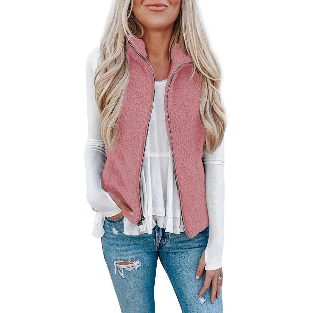 Women's Rose Red Sherpa Fleece Jacket Lightweight Vest Cozy Sleeveless Cardigan